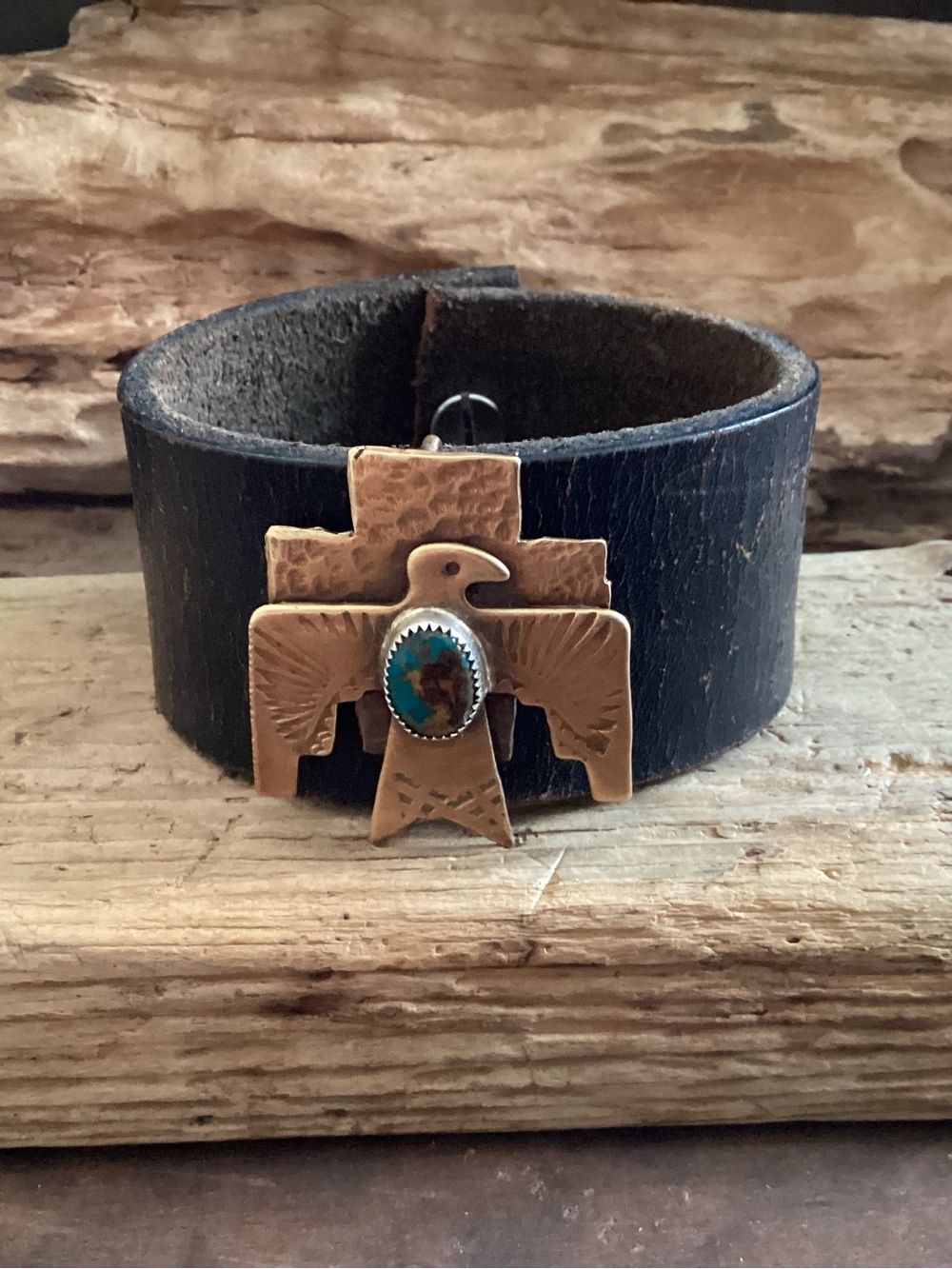 Leather Men's Cuff Bracelet with Brass, Sterling Thunderbird and Turquoise Stone